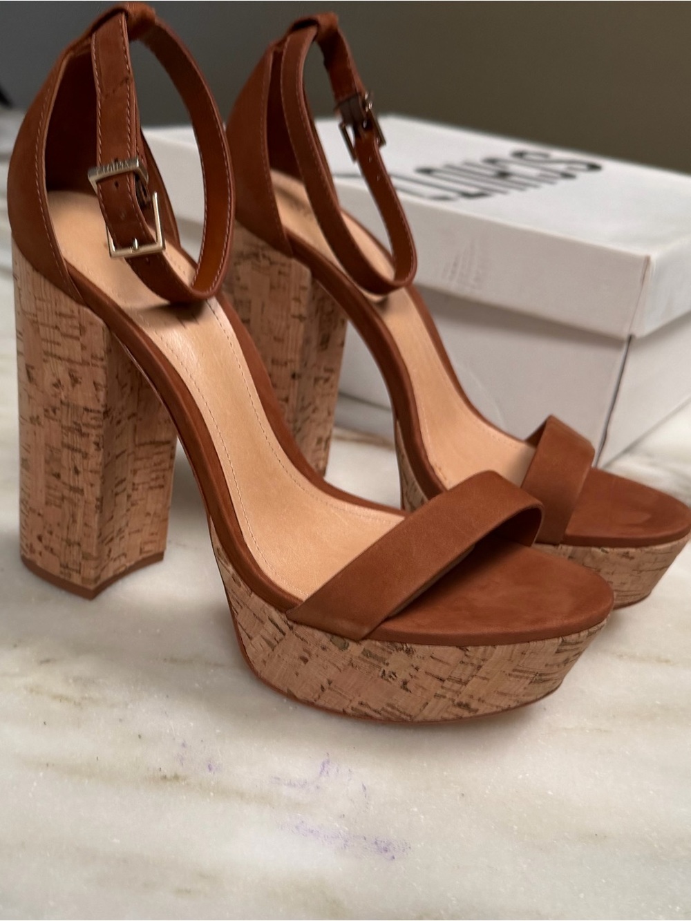 BNIB Schutz Brown Nubuck Cork Platform Ankle-Strap Sandals, size 8